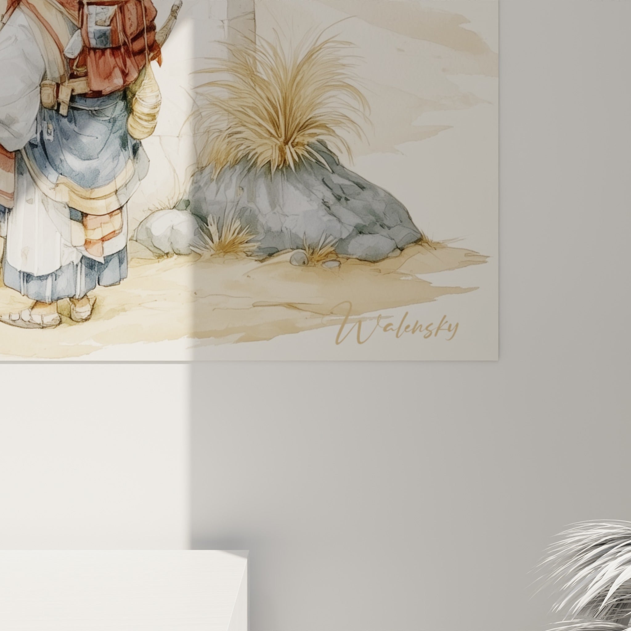 Détails du grain aquarelle sur ce tableau egypte, coulures terracotta et sable se mêlant finement