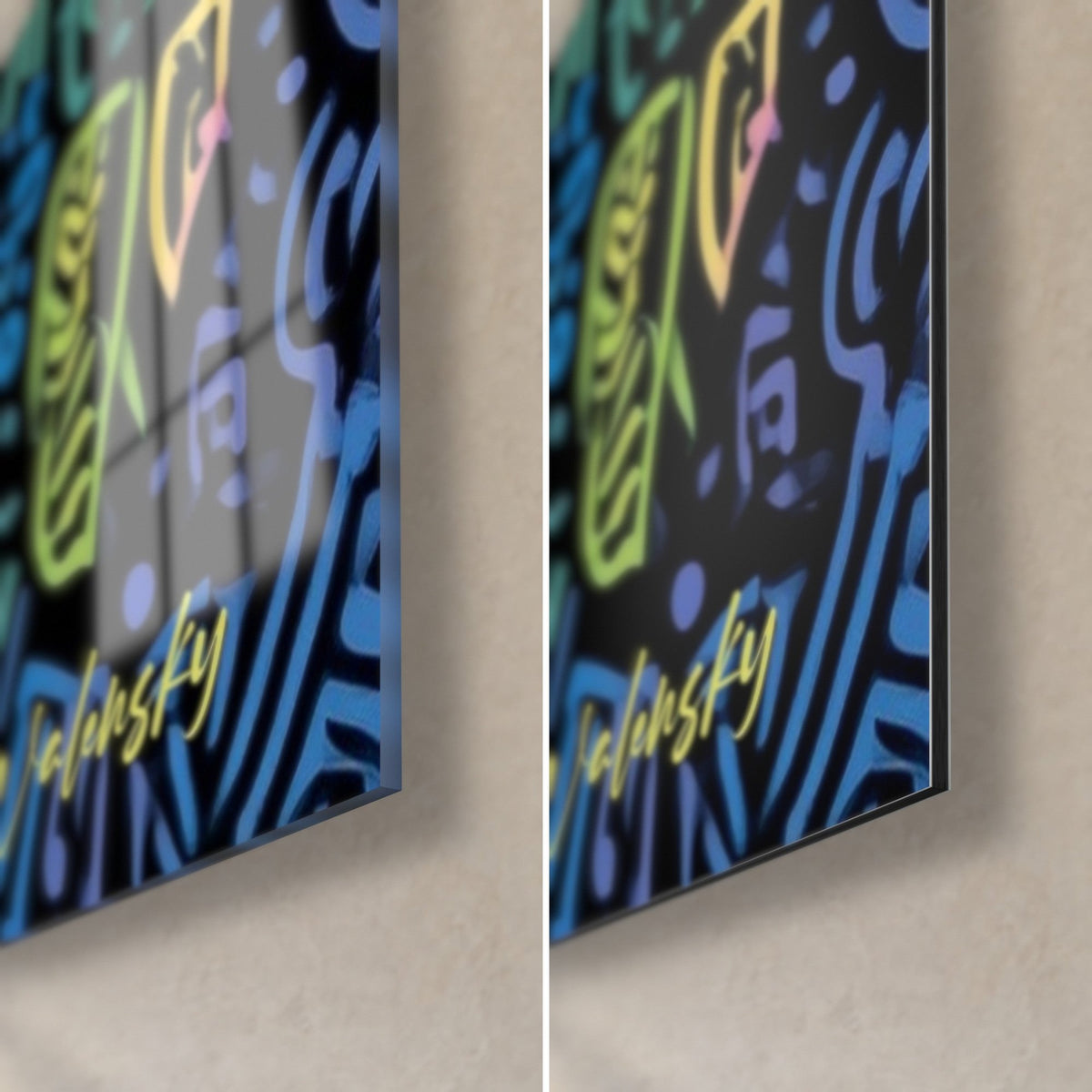 Wall art pharaoh in yellow and blue neon lines on black, bottom right corner: glossy glass on the left, matte Dibond on the right, 3 mm edge
