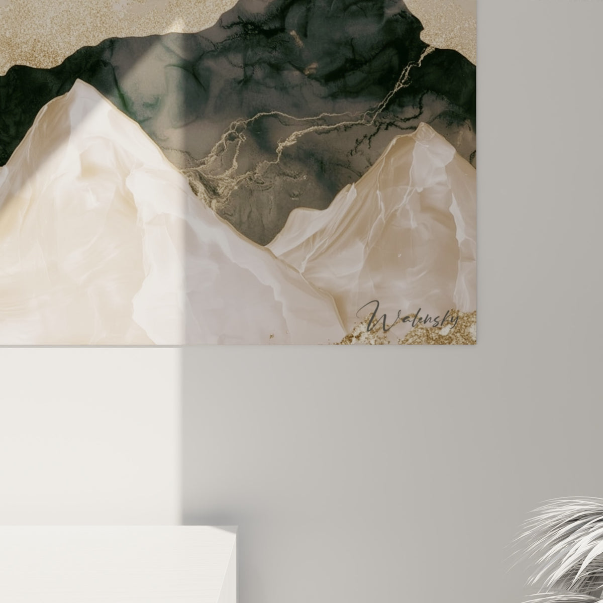 Détail des veines marbrées dorées et anthracite révélant le grain minéral de l'impression sur toile