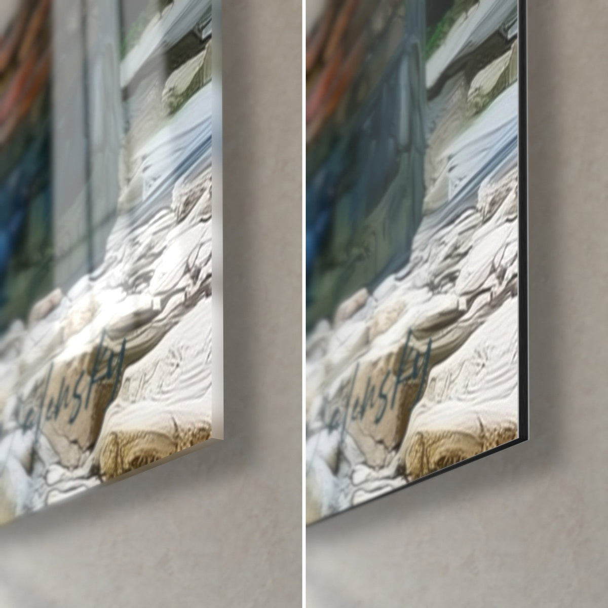 Schilderij tempelzuilen in blauw en goud, rechtsonder: glanzend acrylglas links, mat Dibond rechts, 3 mm rand