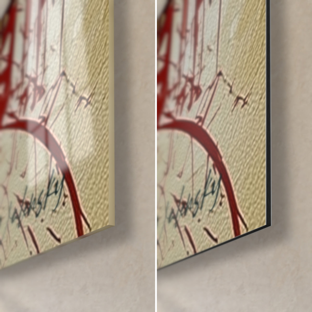 Tableau oiseau d'Horus, coin bas droit : coulures rouge sang et fond crème, verre acrylique brillant à gauche, Dibond mat à droite