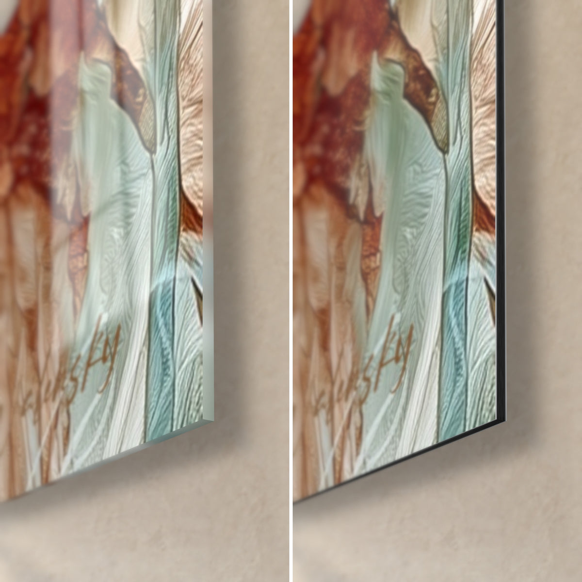 Tableau couple d'oiseaux bleu pétrole et rouille, coin bas droit : verre acrylique brillant à gauche, Dibond mat à droite