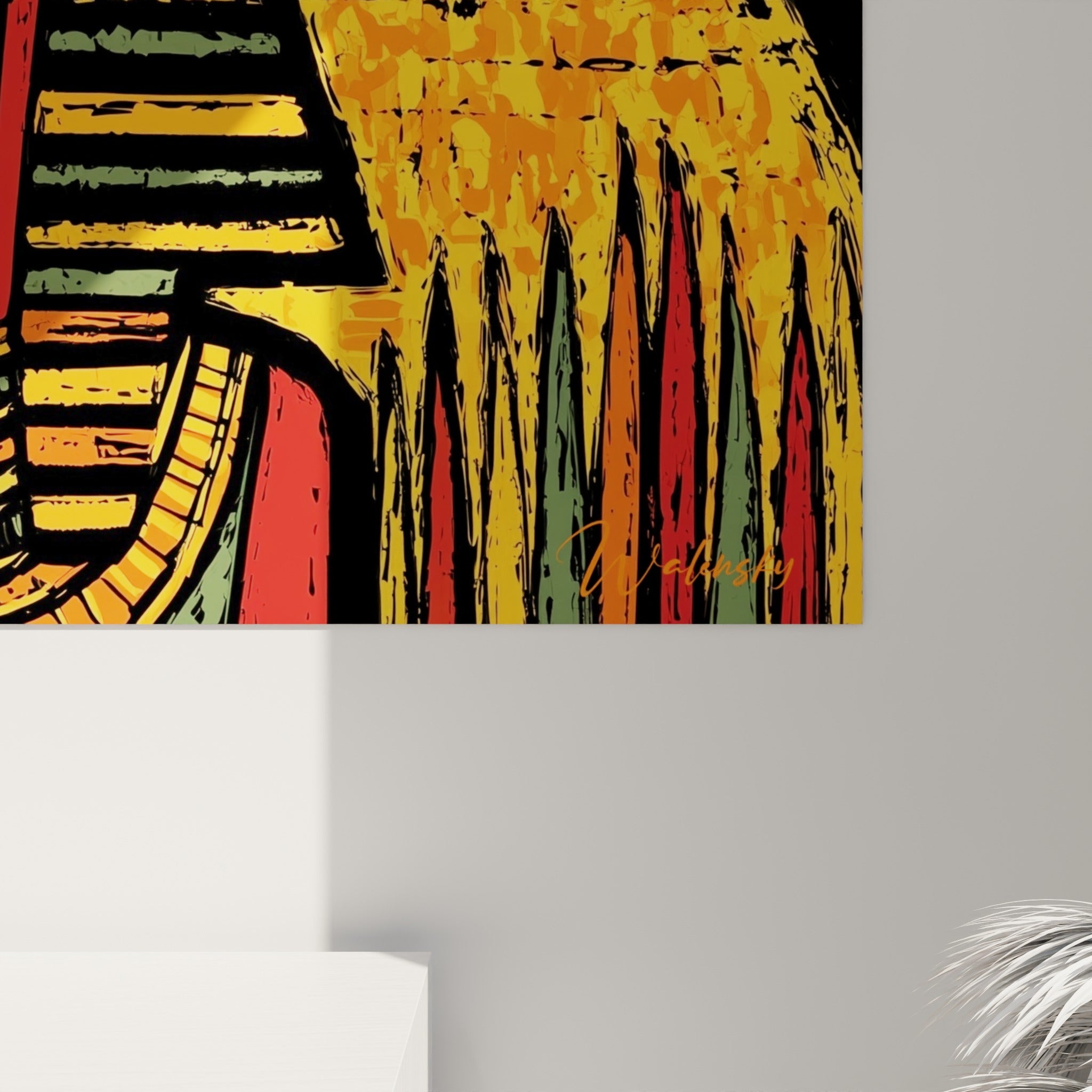 Détail des empâtements noirs et des rayures dorées sur le visage du pharaon égyptien peint