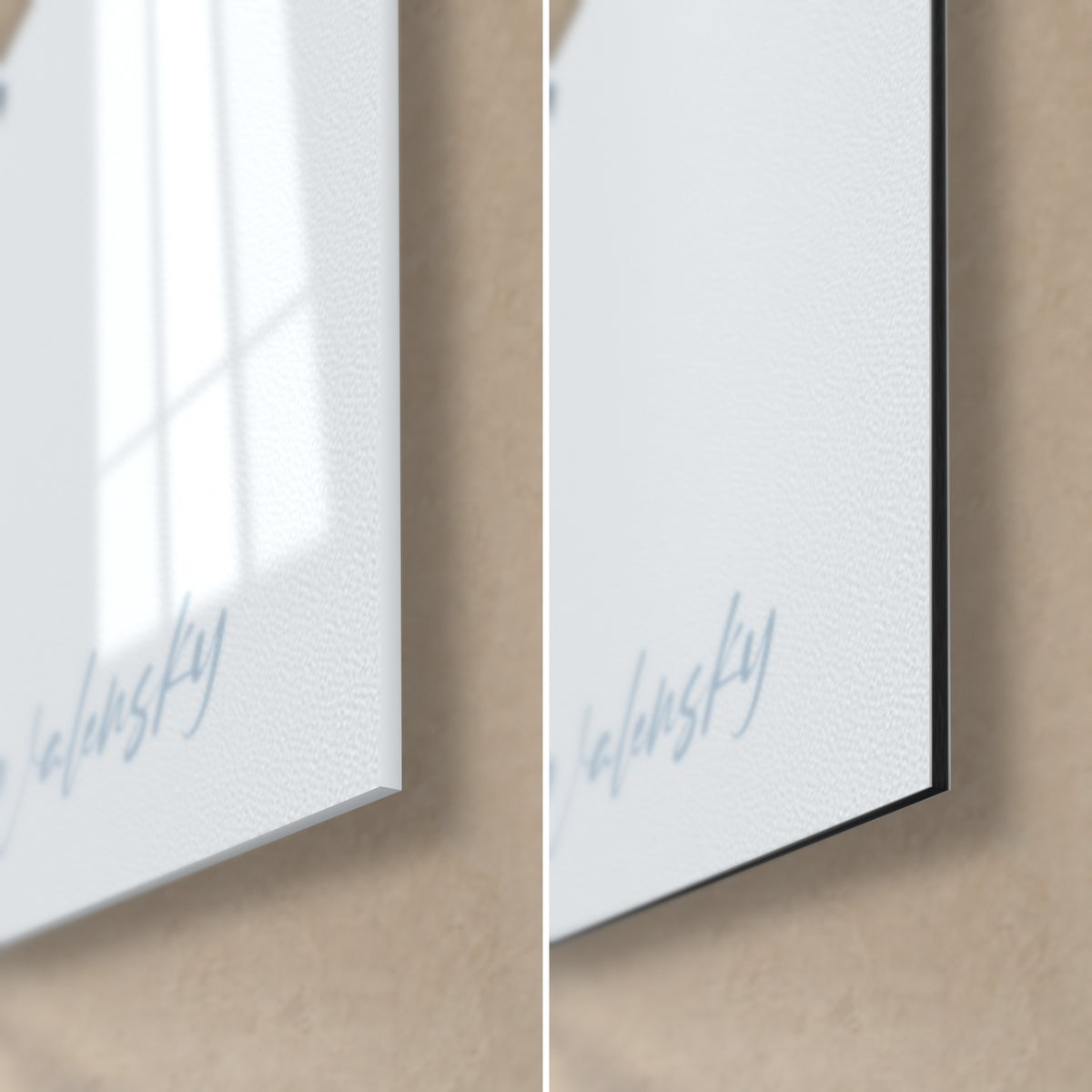 Wall art pharaonic mask in blue and gold, bottom right corner in glossy glass and matte Dibond, fine 3 mm edge visible