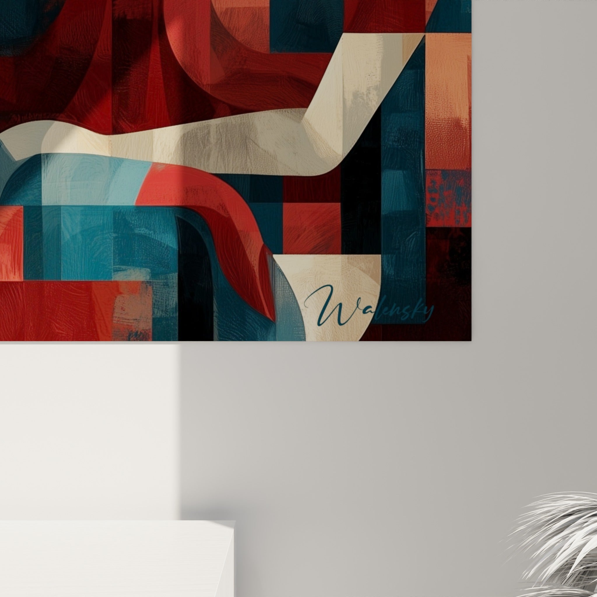 Détail des empâtements bleu marine et rouge brique révélant le grain pictural de cette œuvre égyptienne