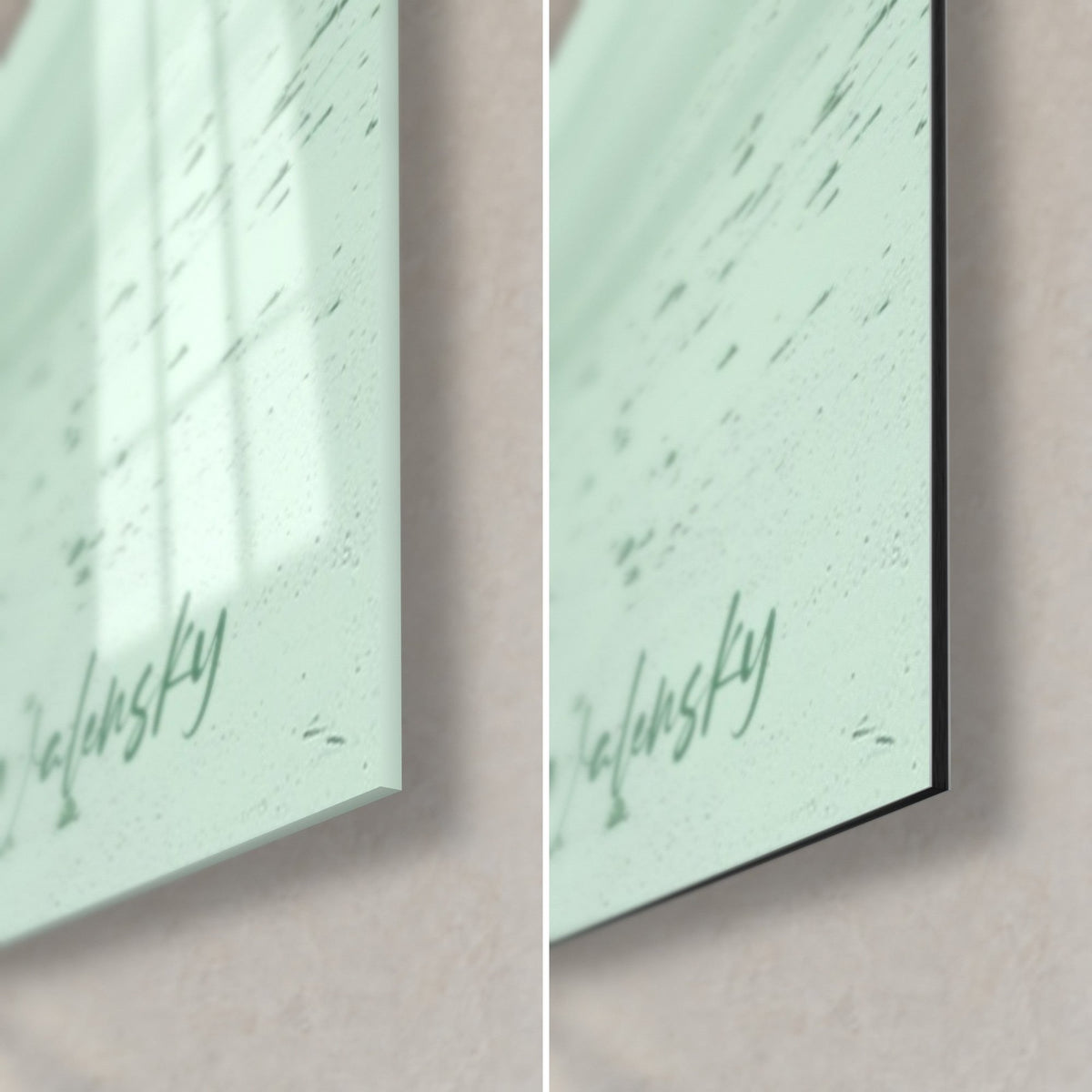 Wall art with a green pyramid veiled in mist, bottom right corner: glossy acrylic glass with reflections, matte light grey Dibond, 3 mm edge and signature