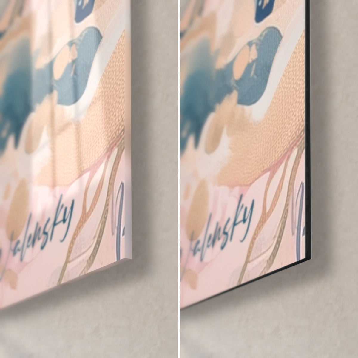 Gemälde Pharaonenprofil in Blau und Gold, untere rechte Ecke: glänzendes Acrylglas links, mattschwarzes Dibond-Aluminium rechts, Signatur