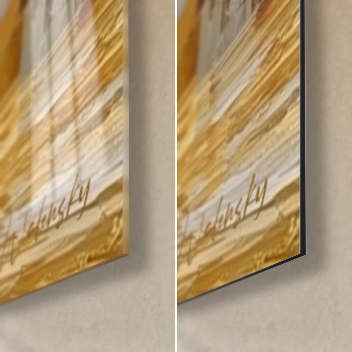 Πίνακας ομοίωμα φαραώ με χρυσές και ελεφαντοστέινες πινελιές, κάτω δεξιά γωνία, γυαλιστερό ακρυλικό γυαλί με αντανακλάσεις αριστερά, ματ αλουμίνιο Dibond δεξιά