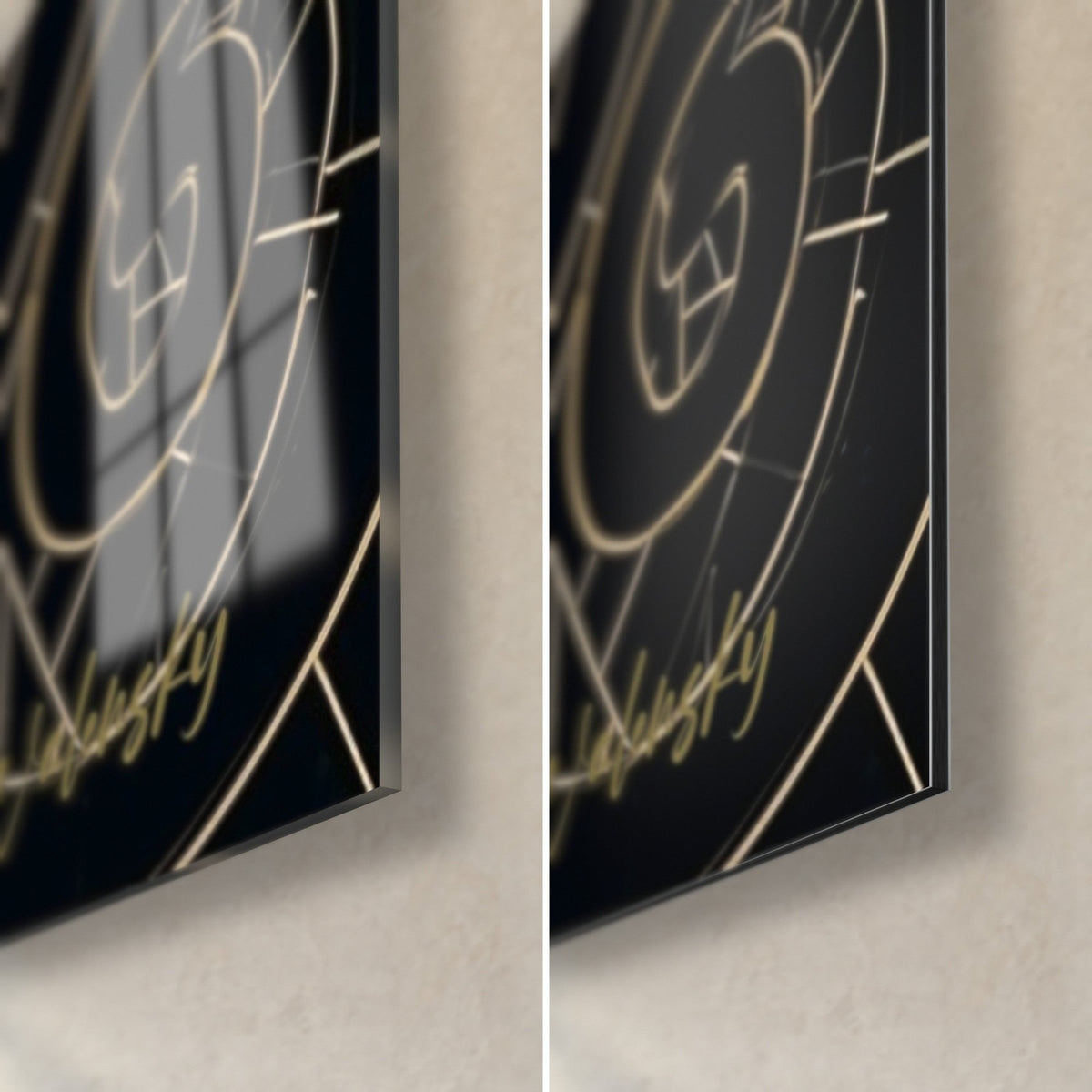 Gemälde Heiliges Auge des Horus, goldene Spirale auf schwarzem Grund, untere rechte Ecke, glänzendes Acrylglas links und mattes Dibond rechts