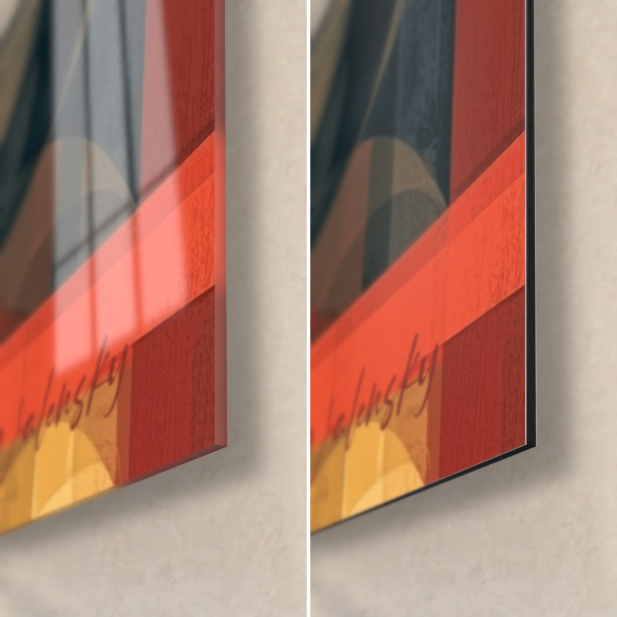 Cuadro máscara de faraón en rojo y oro, esquina inferior derecha: vidrio acrílico brillante a la izquierda, aluminio Dibond mate a la derecha, canto de 3 mm
