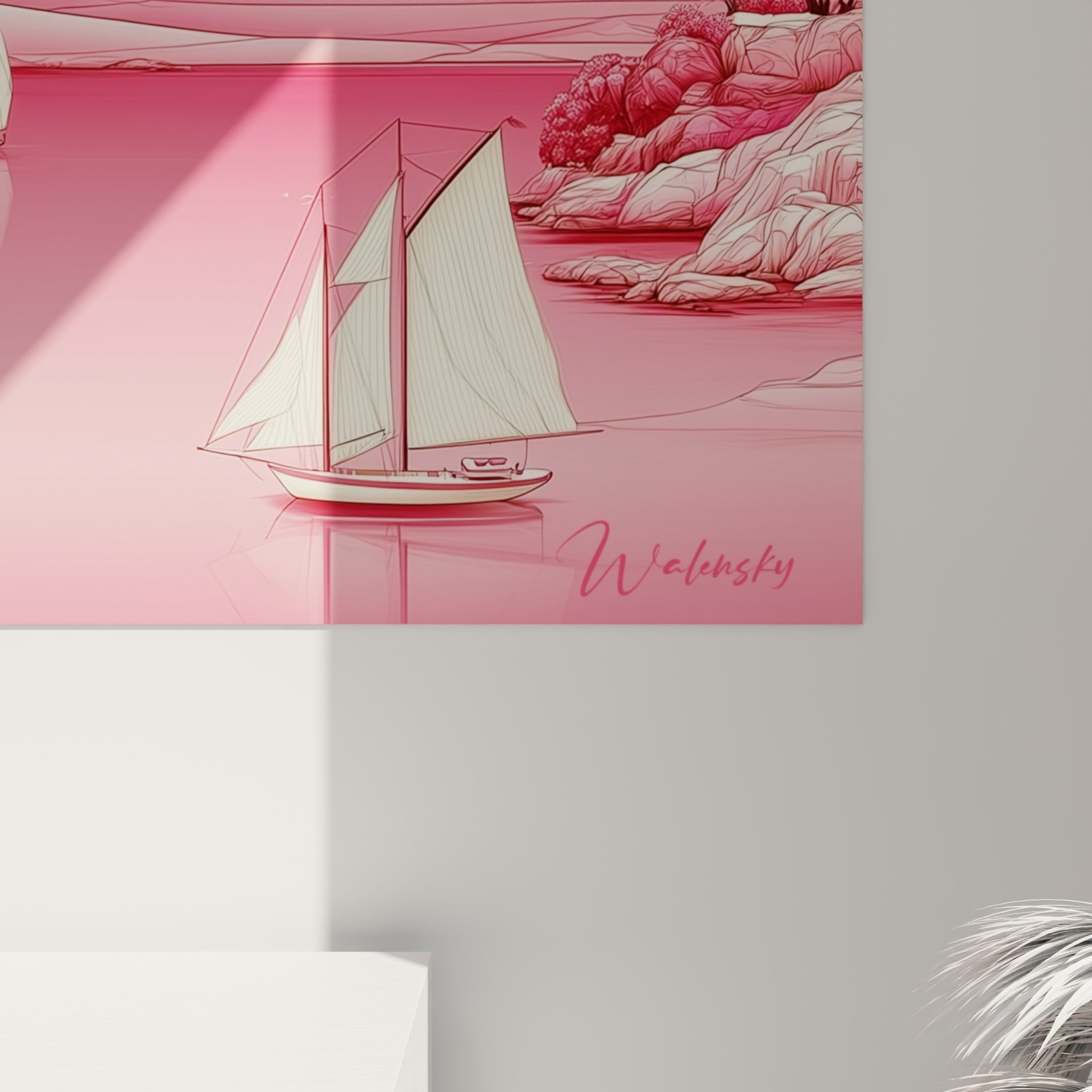 Détail du trait fin illustrant pyramides roses et voiles ivoire, grain délicat de l'impression égyptienne