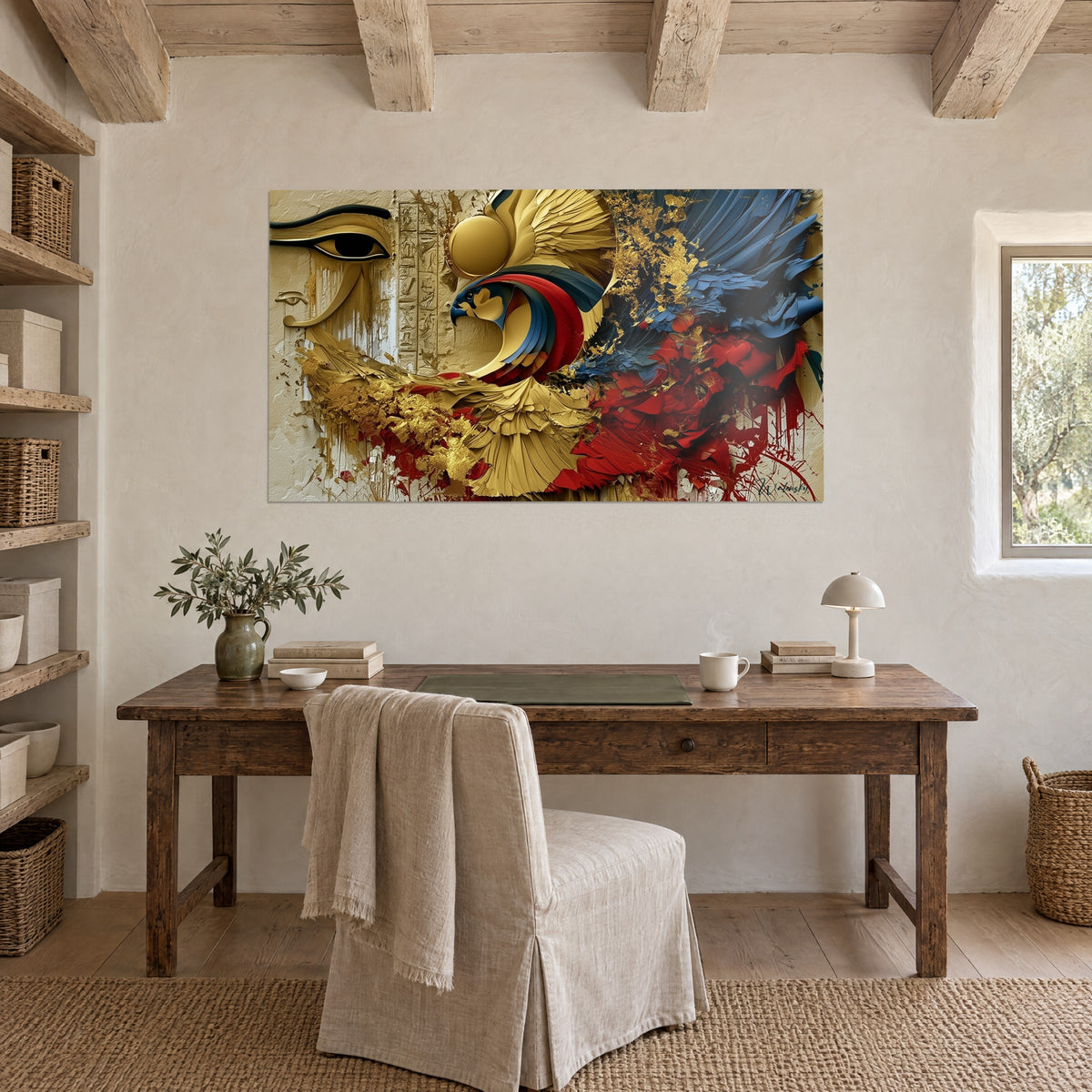 Tableau dieu faucon en couches de peinture, disque solaire doré et ailes bleu marine, accroché au-dessus d'un bureau en bois