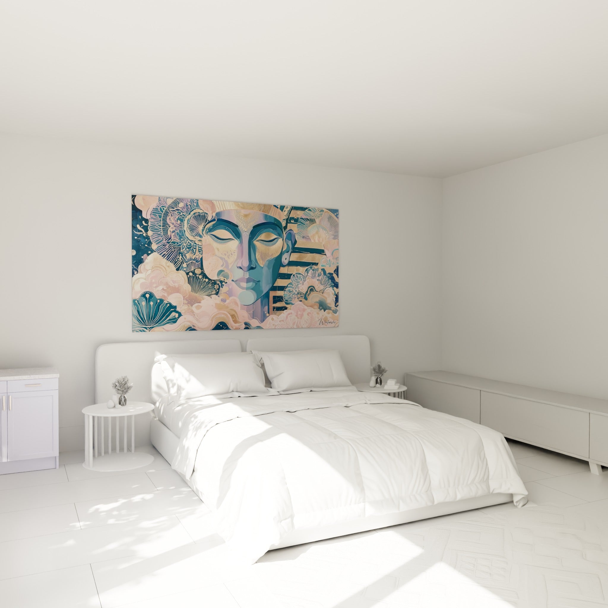 Divinité égyptienne aux yeux clos, tons bleu et rose, au-dessus d'un lit dans une chambre claire