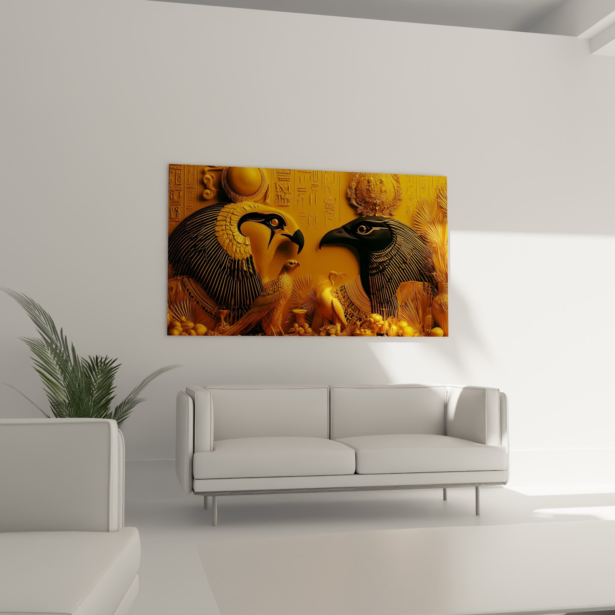 Divinités ailées dorées et anthracite d'inspiration égyptienne au-dessus d'un canapé dans un salon lumineux
