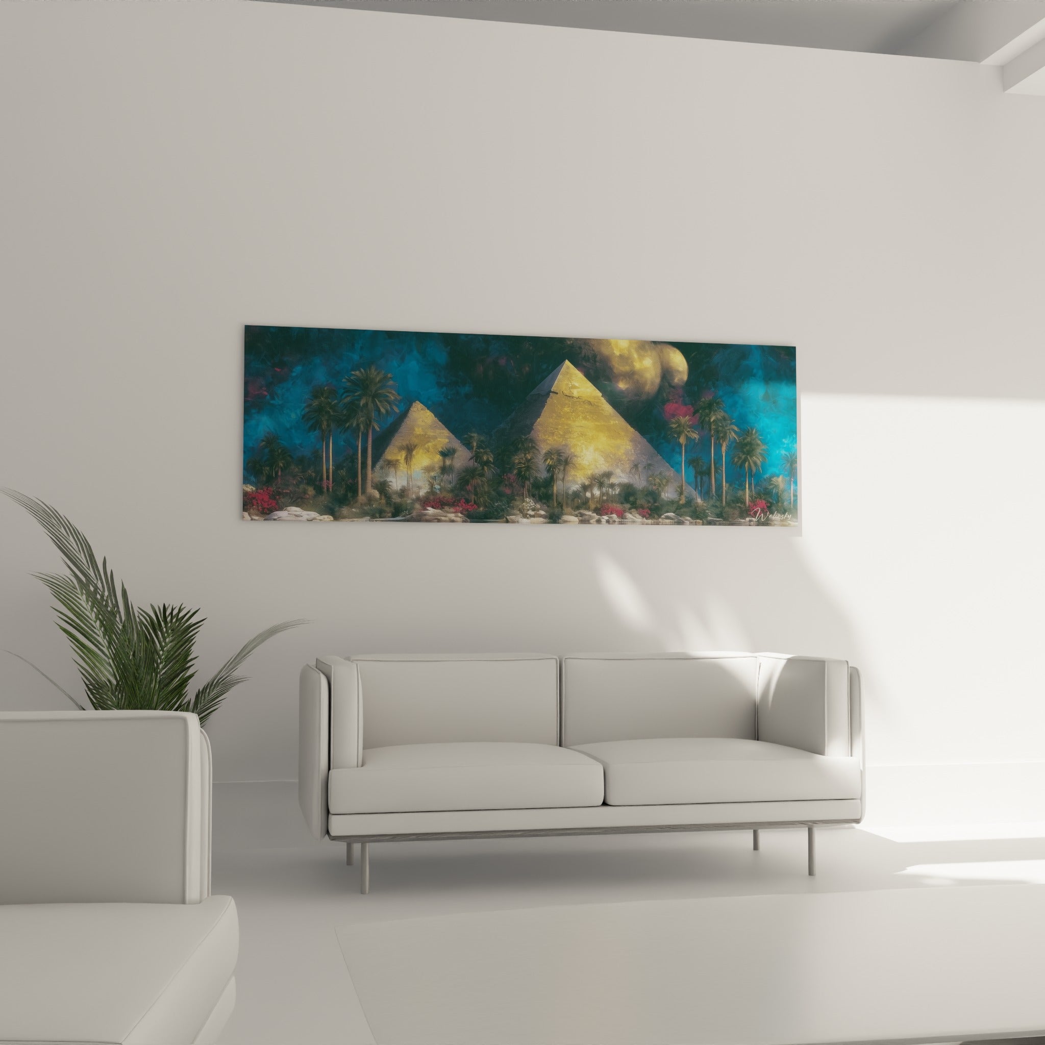 Scène égyptienne dorée et bleu nuit avec palmiers, installée au-dessus d'un canapé dans un salon lumineux