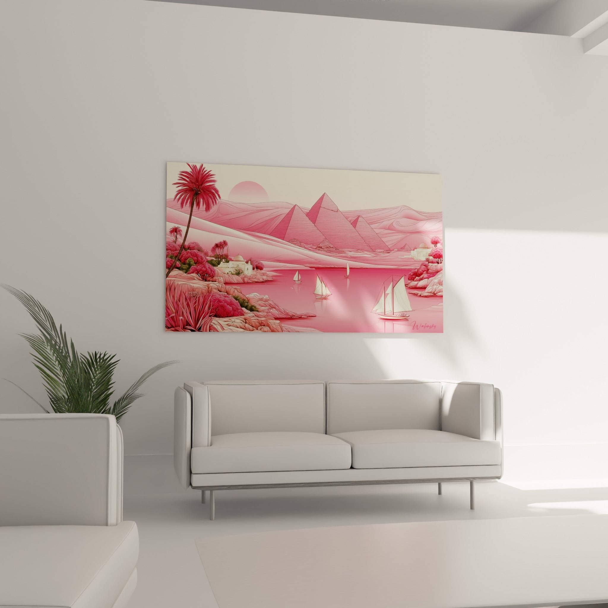 Dunes roses et bateaux à voile sur le Nil, tableau égyptien suspendu au-dessus d'un canapé dans un salon lumineux