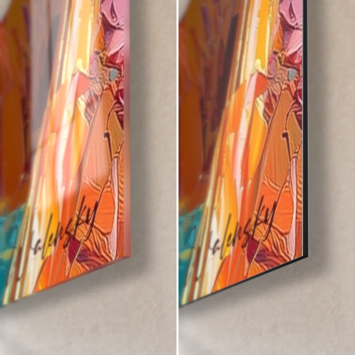 Quadro faraoni in pasta densa, angolo in basso a destra arancio e rosa: vetro acrilico lucido e Dibond nero opaco, bordo da 3 mm