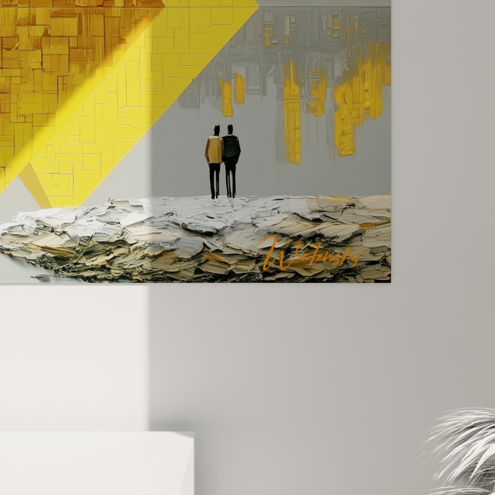 Empâtements dorés en mosaïque et coulures ocre se mêlant au grain granuleux de la toile égyptienne