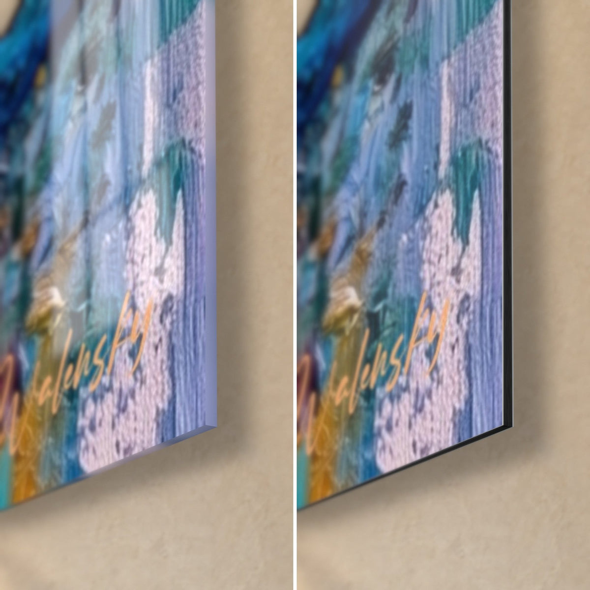 Gemälde Türkisfarbenes Augenpaar, untere rechte Ecke: glänzendes Acrylglas links, mattes Dibond-Alu rechts, 3 mm Kante