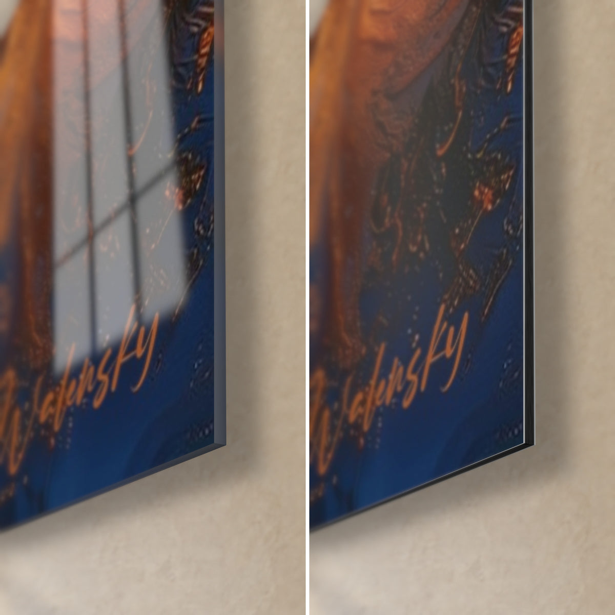 Wall art of pyramids on glossy acrylic glass and matte Dibond aluminium, copper Walensky signature on a blue background, visible 3 mm edge