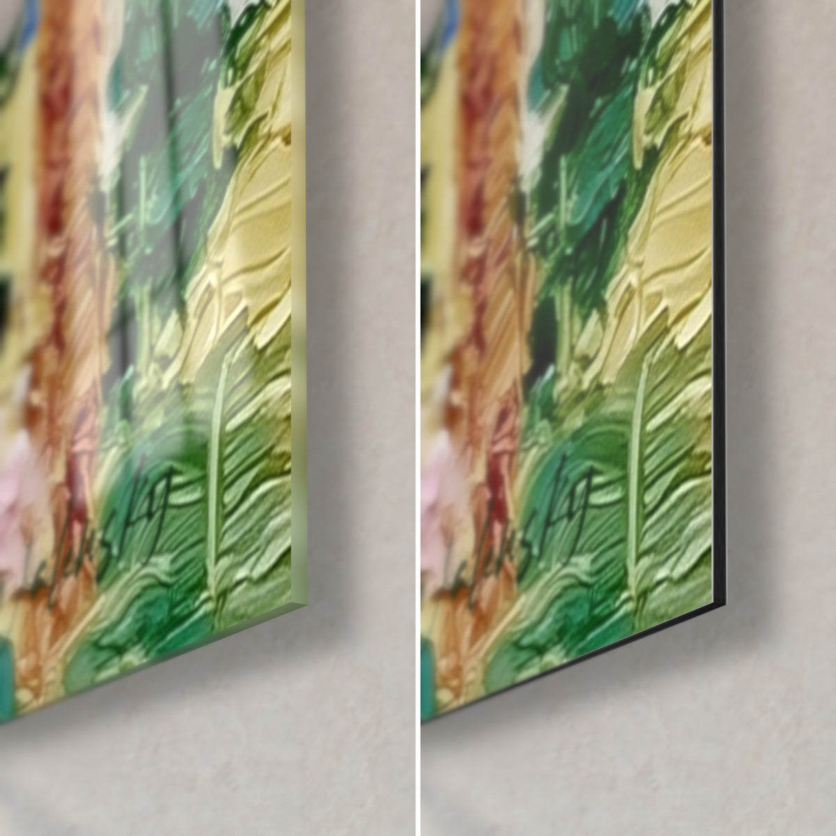 Tableau pyramides ocre sous un ciel bleu, coin bas droit : verre acrylique brillant à gauche, Dibond noir mat à droite, tranche de 3 mm