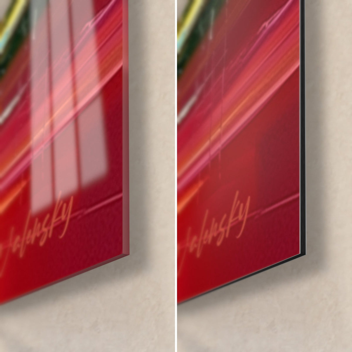 Quadro piramidi rosse laccate, angolo in basso a destra: vetro acrilico lucido a sinistra, alluminio Dibond opaco a destra, spessore 3 mm