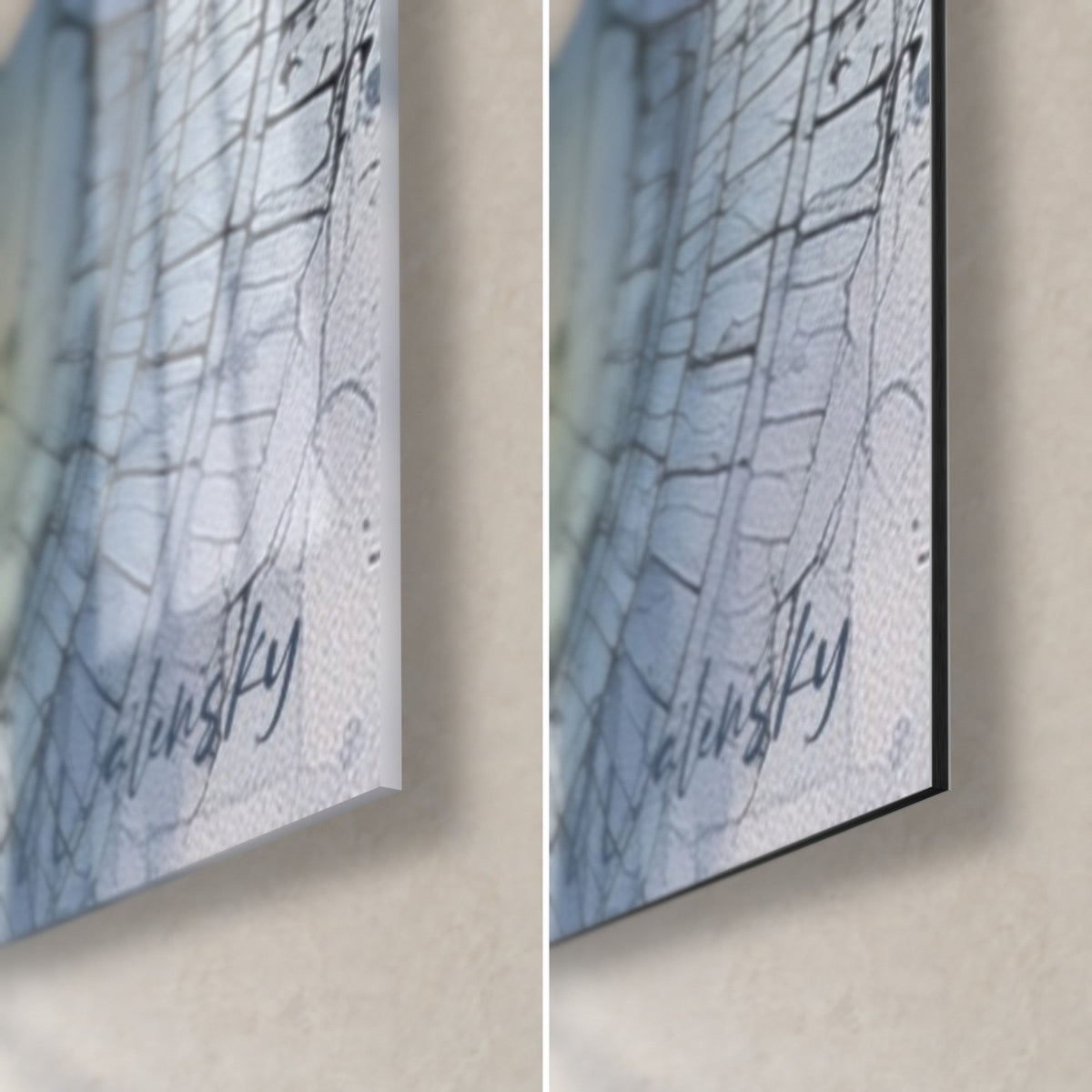 Quadro di faraoni a inchiostro sottile, angolo in basso a destra: vetro acrilico lucido con riflessi e alluminio Dibond nero opaco, bordo da 3 mm, blu e crema