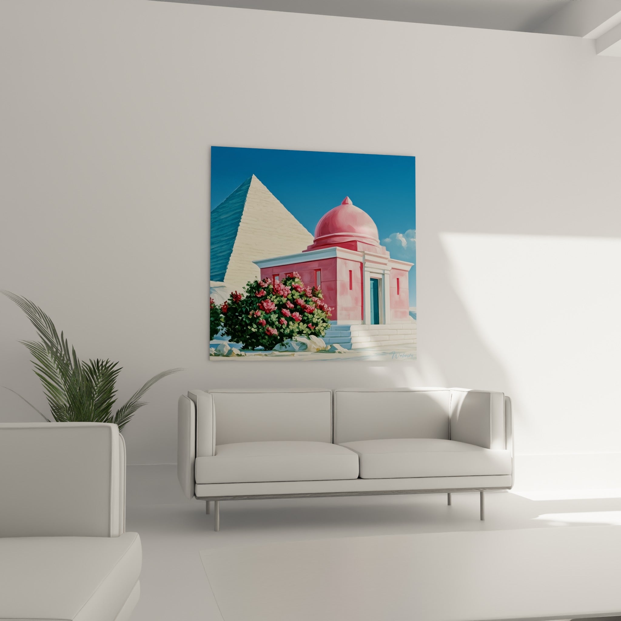 Dôme rose et bougainvillier fuchsia peints à l'huile, disposés au-dessus d'un canapé dans un salon lumineux