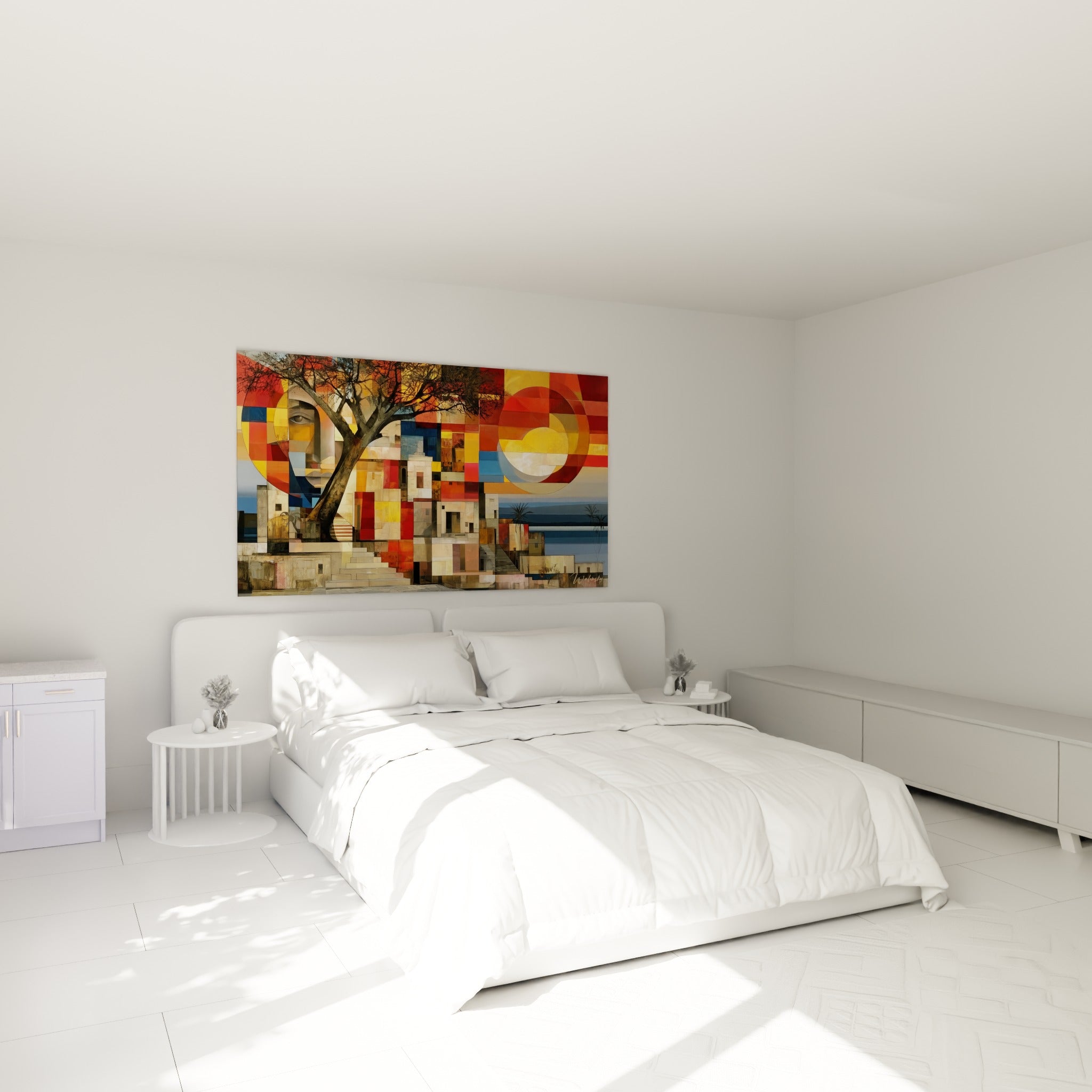 Façades géométriques ocre et bleu marine avec arbre sombre, au-dessus d'un lit dans une chambre claire