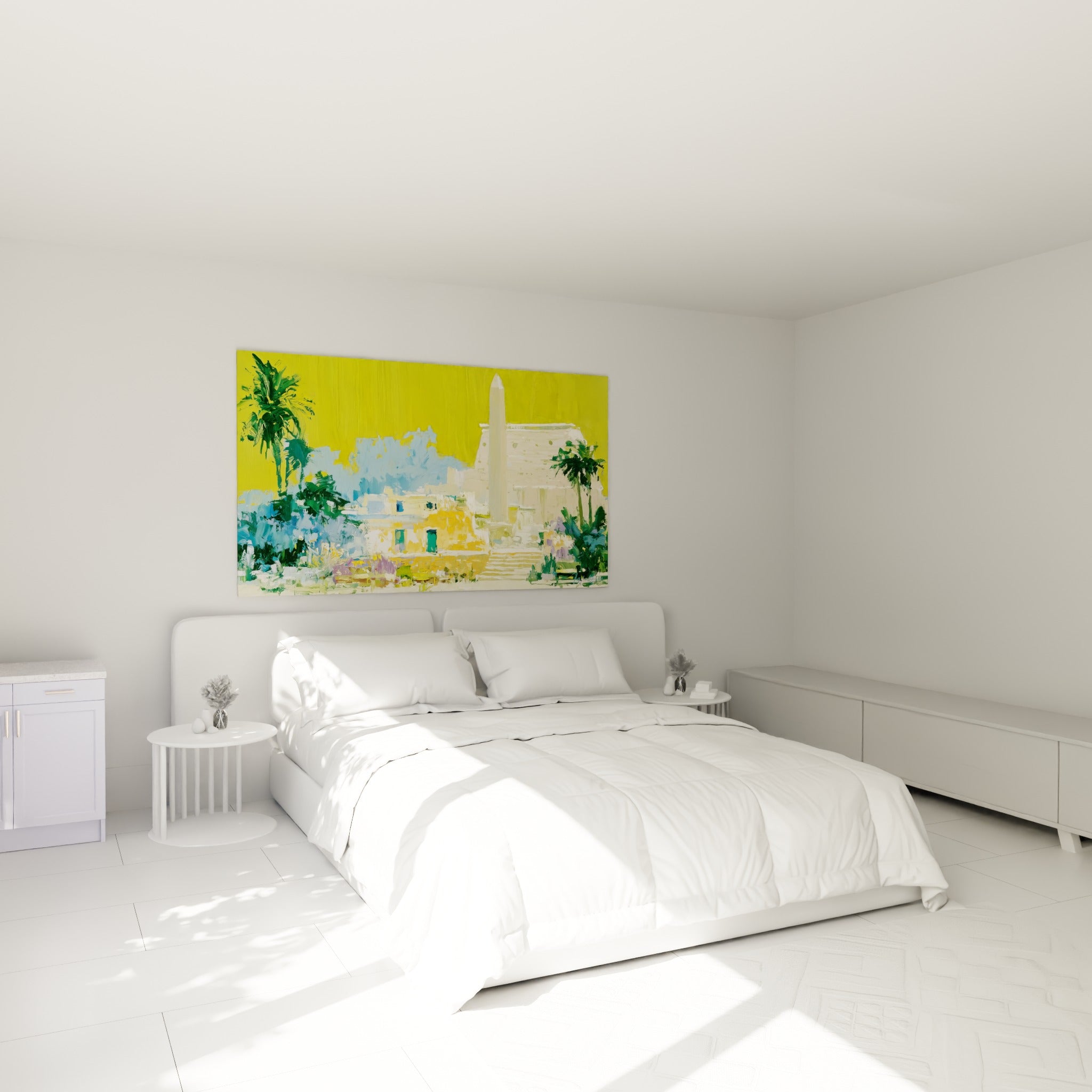 Façades ocre et obélisque blanc peints au-dessus d'un lit dans une chambre claire