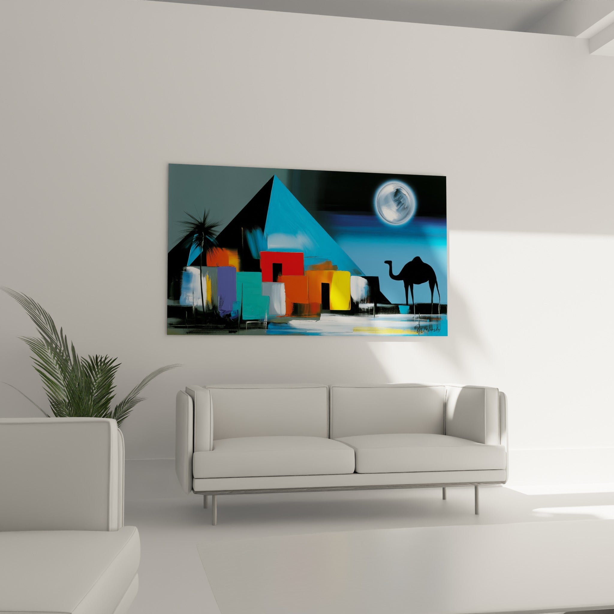 Village orange et rouge sous une pyramide bleue au-dessus d'un canapé dans un salon lumineux