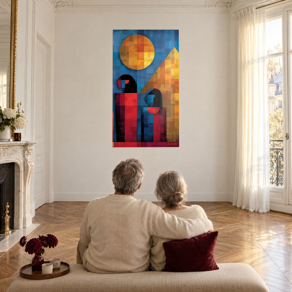 Tableau égypte en aplats rouge et bleu, disque solaire doré et pyramide ambrée, vus par un couple de dos sur un canapé