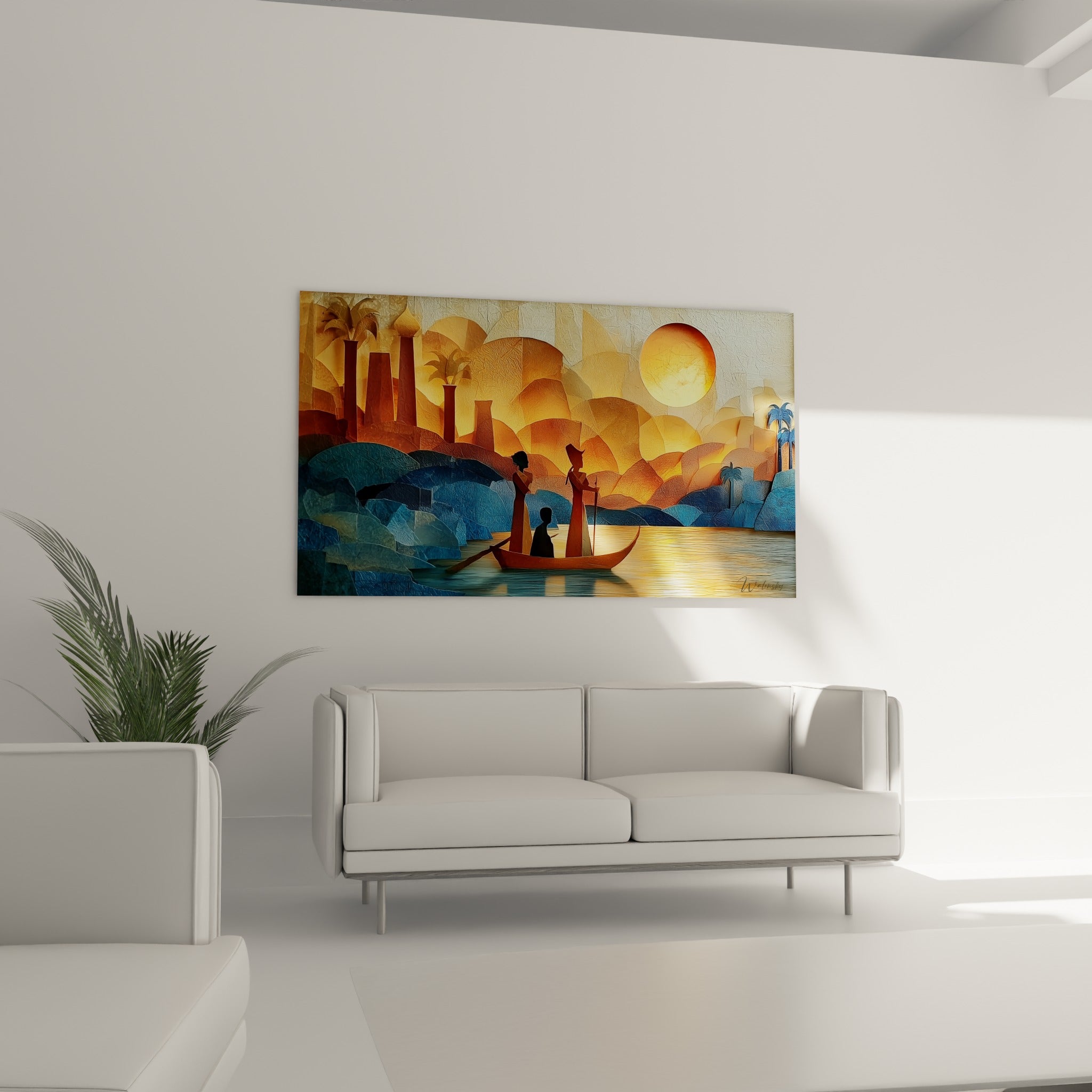 Scène égypte du fleuve sacré, teintes ocre et bleu marine, au-dessus d'un canapé dans un salon lumineux