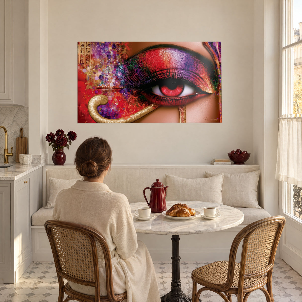 Tableau œil de pharaon en poudre de couleurs, rouge vif, violet et or, face à une femme de dos attablée dans une cuisine ensoleillée