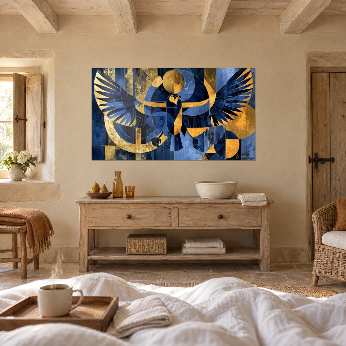 Wall art sacred bird with open wings, indigo blue and patinated gold, above a bed in a light bedroom