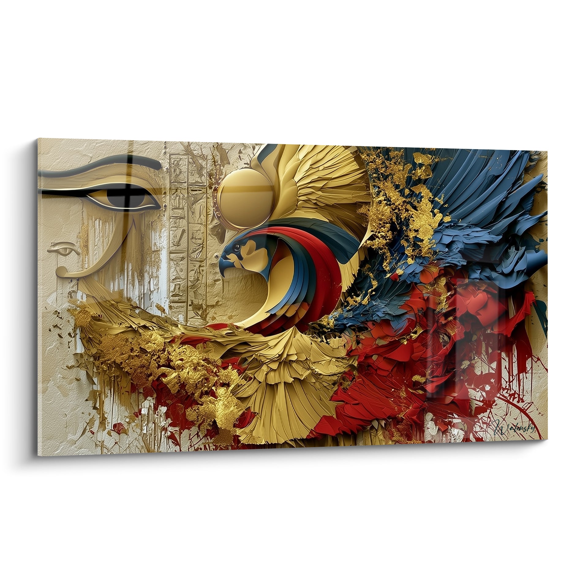 Faucon Horus doré et bleu marine aux ailes déployées, œil oudjat gravé sur fond beige texturé