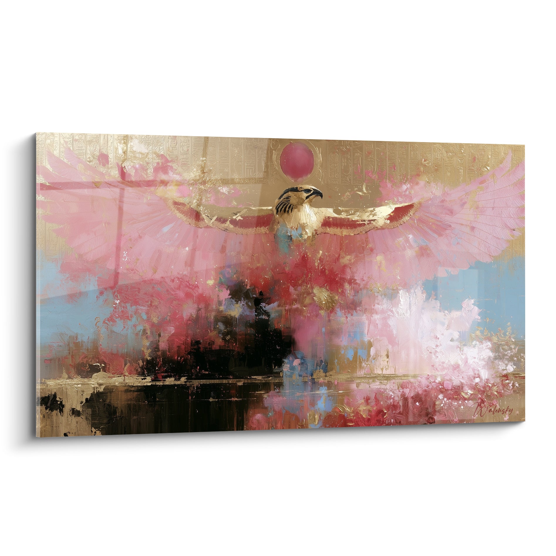Faucon Horus rose et doré aux ailes déployées sous un soleil fuchsia, style égyptien