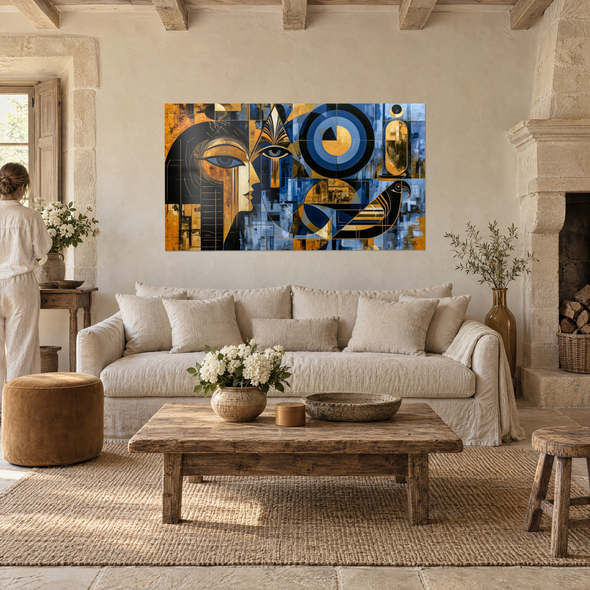 Quadro profilo egizio geometrico, occhio blu cerchiato di nero e disco solare dorato, due persone di spalle sopra un divano in un soggiorno luminoso