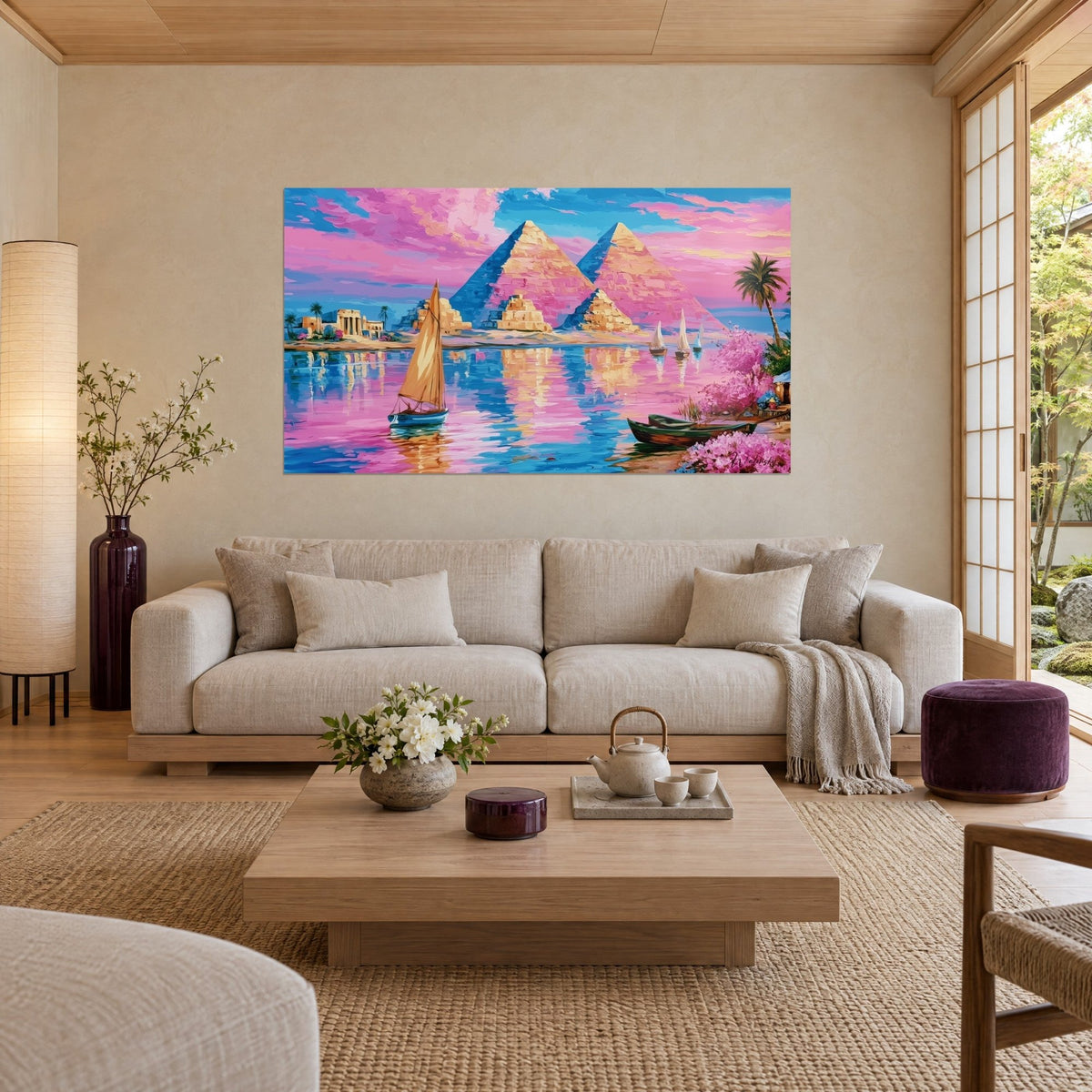 Schilderij gouden piramides weerspiegeld in een roze en turquoise Nijl, felucca met okerkleurig zeil, boven een bank in een lichte woonkamer