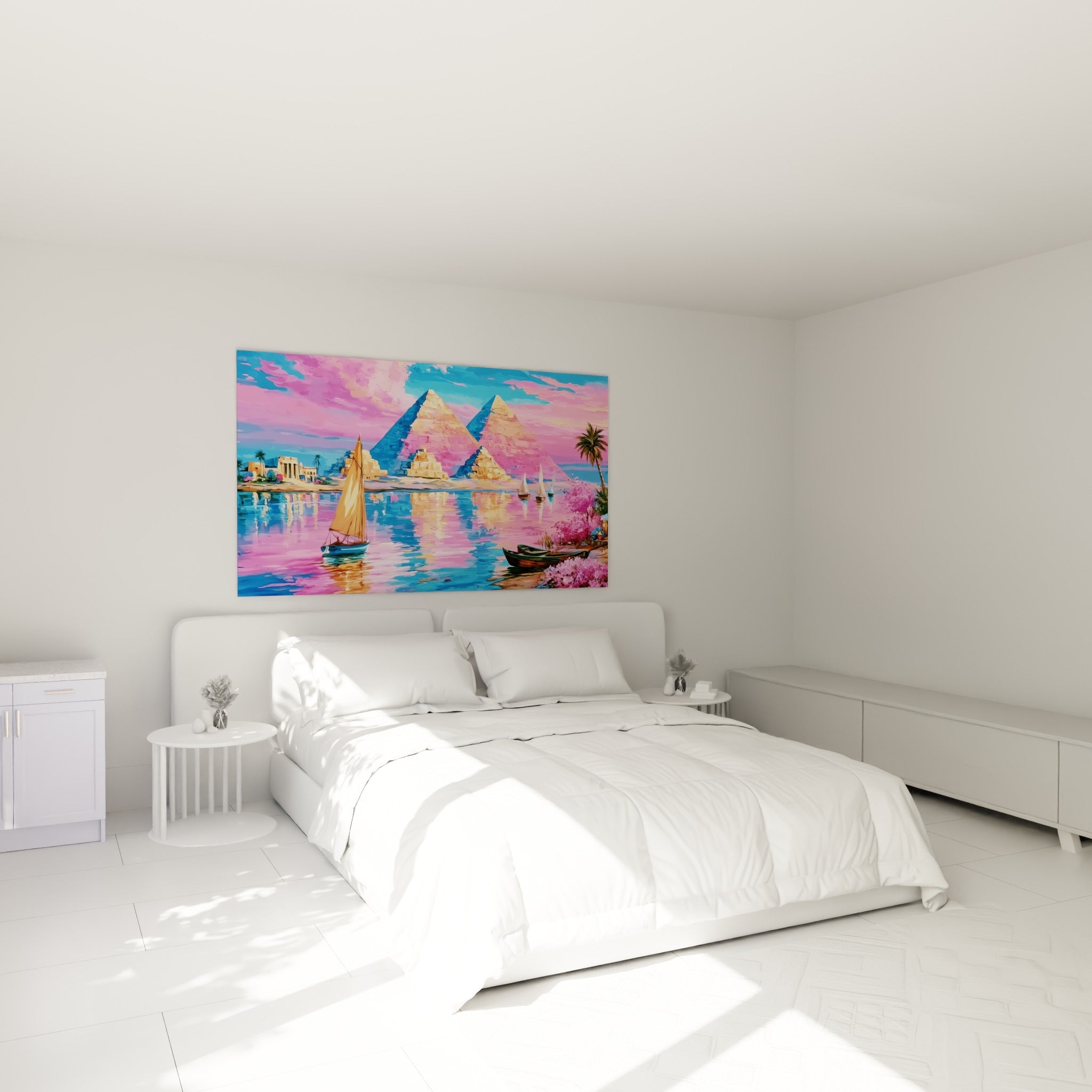 Barque égyptienne et pyramides dorées sous ciel rose, au-dessus d'un lit dans une chambre claire