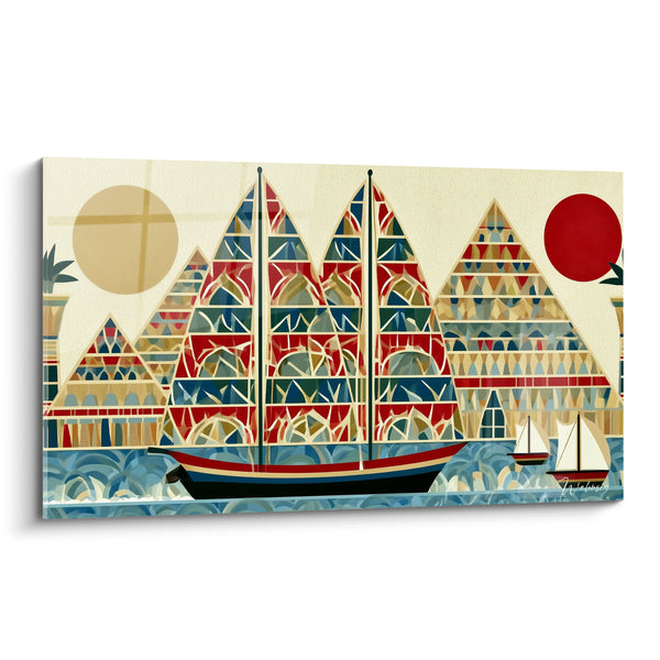 Tableau Felouque à voiles rouges et bleues devant pyramides - Traversée du Nil - Edition egypte