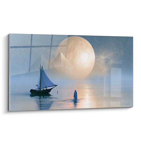 Tableau Felouque bleue et lune dorée sur le Nil - Silhouette voilée marchant sur l'eau - Edition egypte