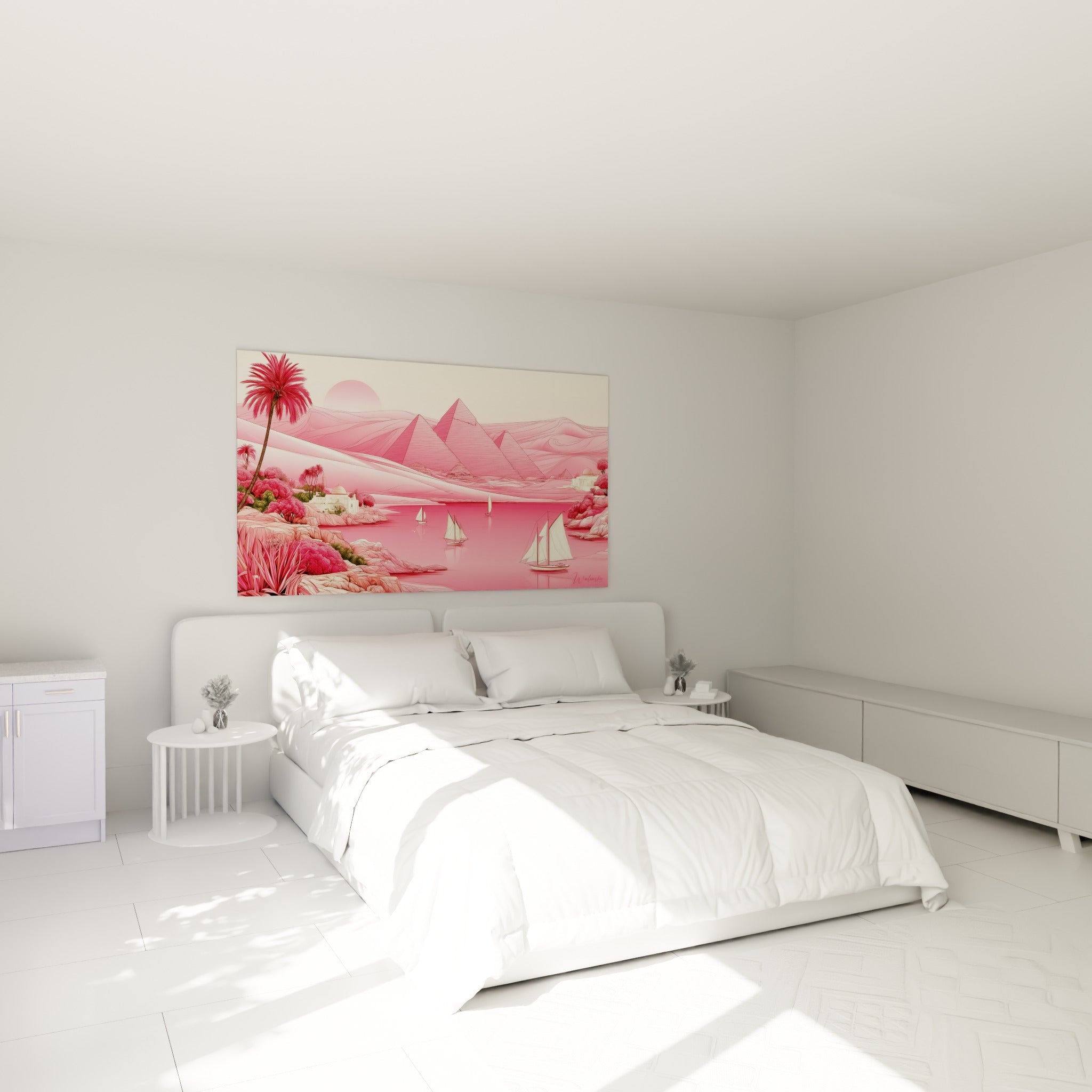 Paysage égyptien rose et ivoire avec pyramides et voiliers, accroché au-dessus d'un lit dans une chambre claire