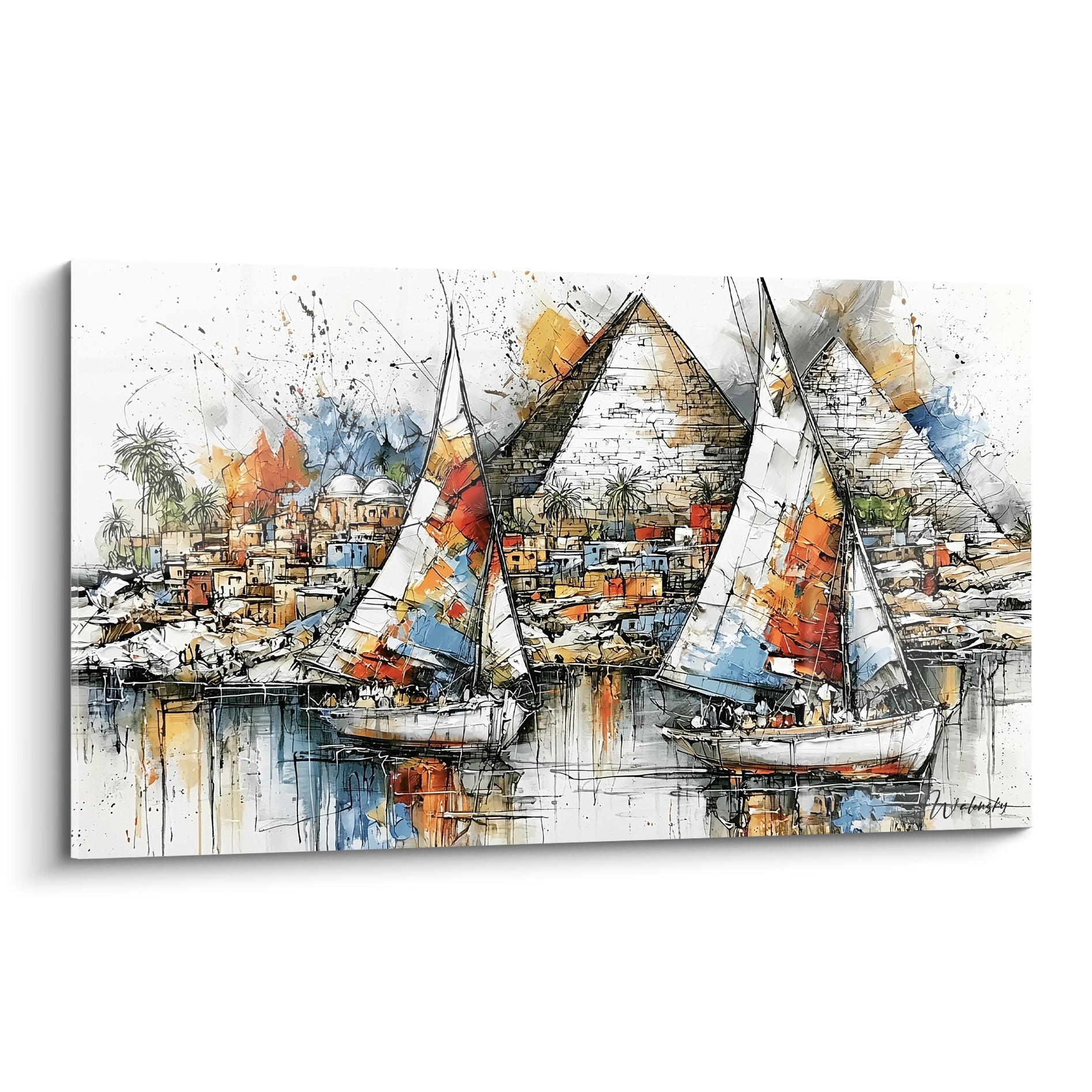 Felouques ocre et bleu marine voguant devant trois pyramides égyptiennes esquissées