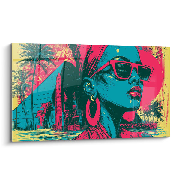 Tableau Femme aux lunettes roses et pyramide turquoise - Choc de générations - Edition egypte
