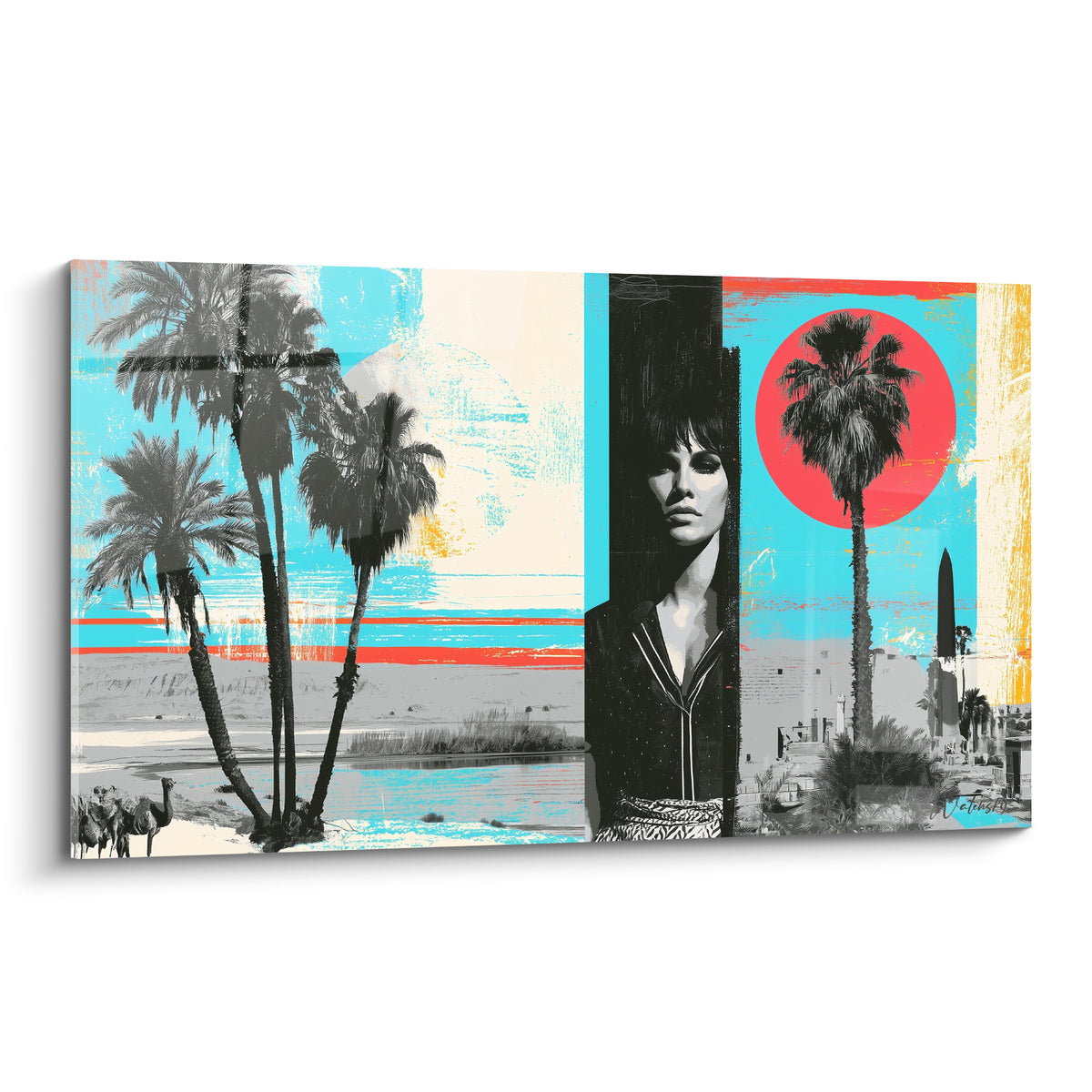 Femme au regard mystérieux entourée de palmiers gris et d'un soleil corail sur fond turquoise