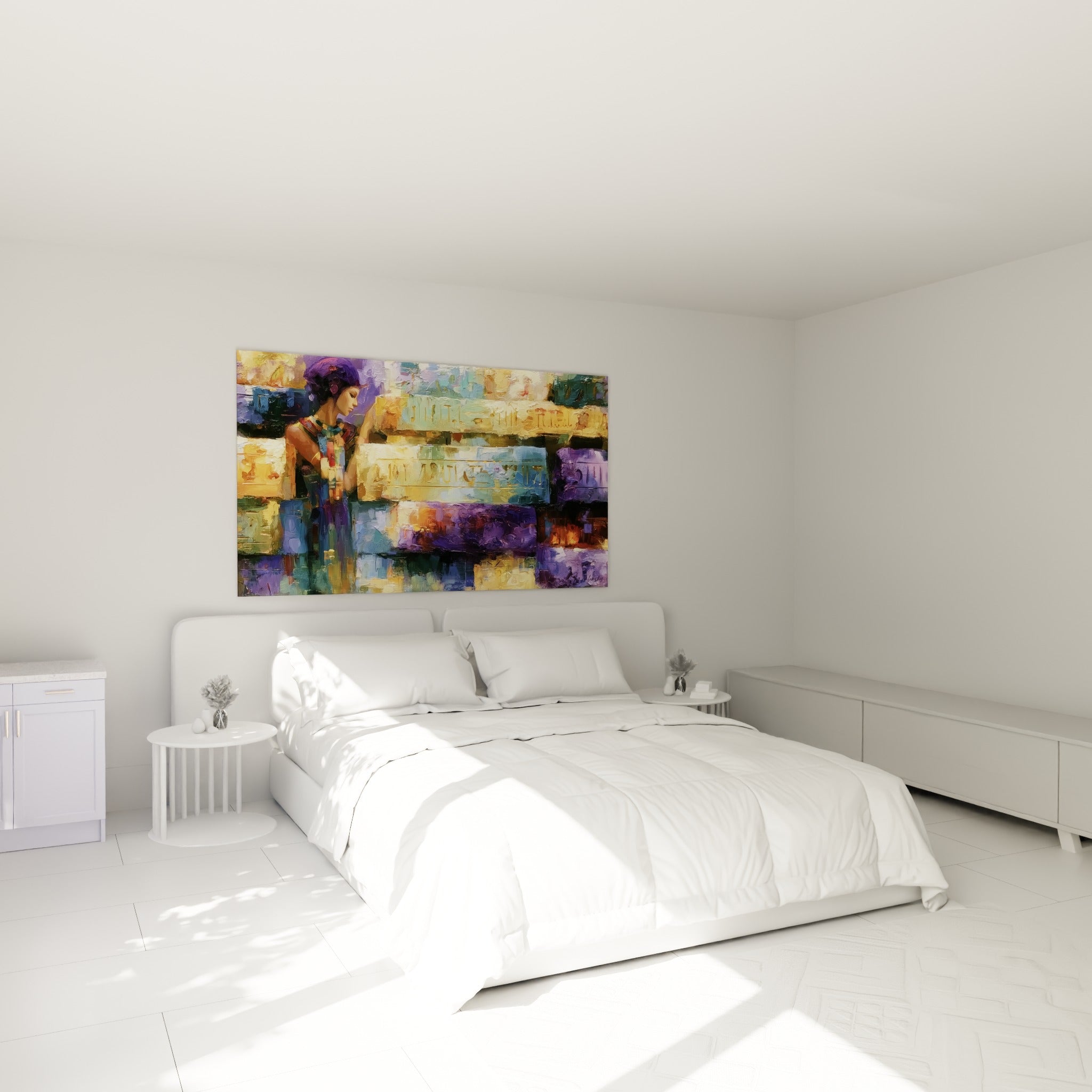 Figure antique aux tons violet et or peinte au-dessus d'un lit dans une chambre claire