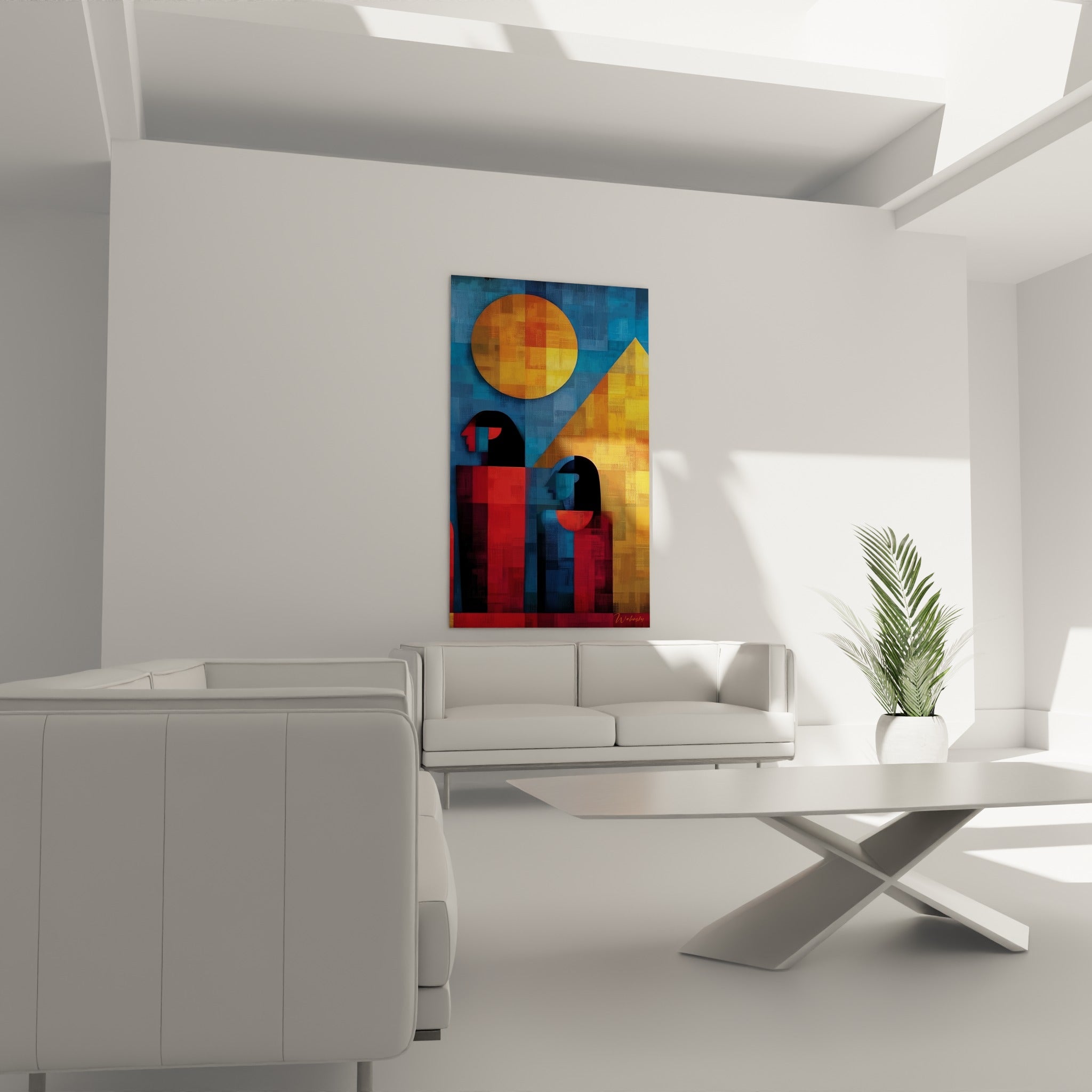 Figures égypte géométriques bleu marine et bordeaux, au-dessus d'un canapé dans un salon lumineux
