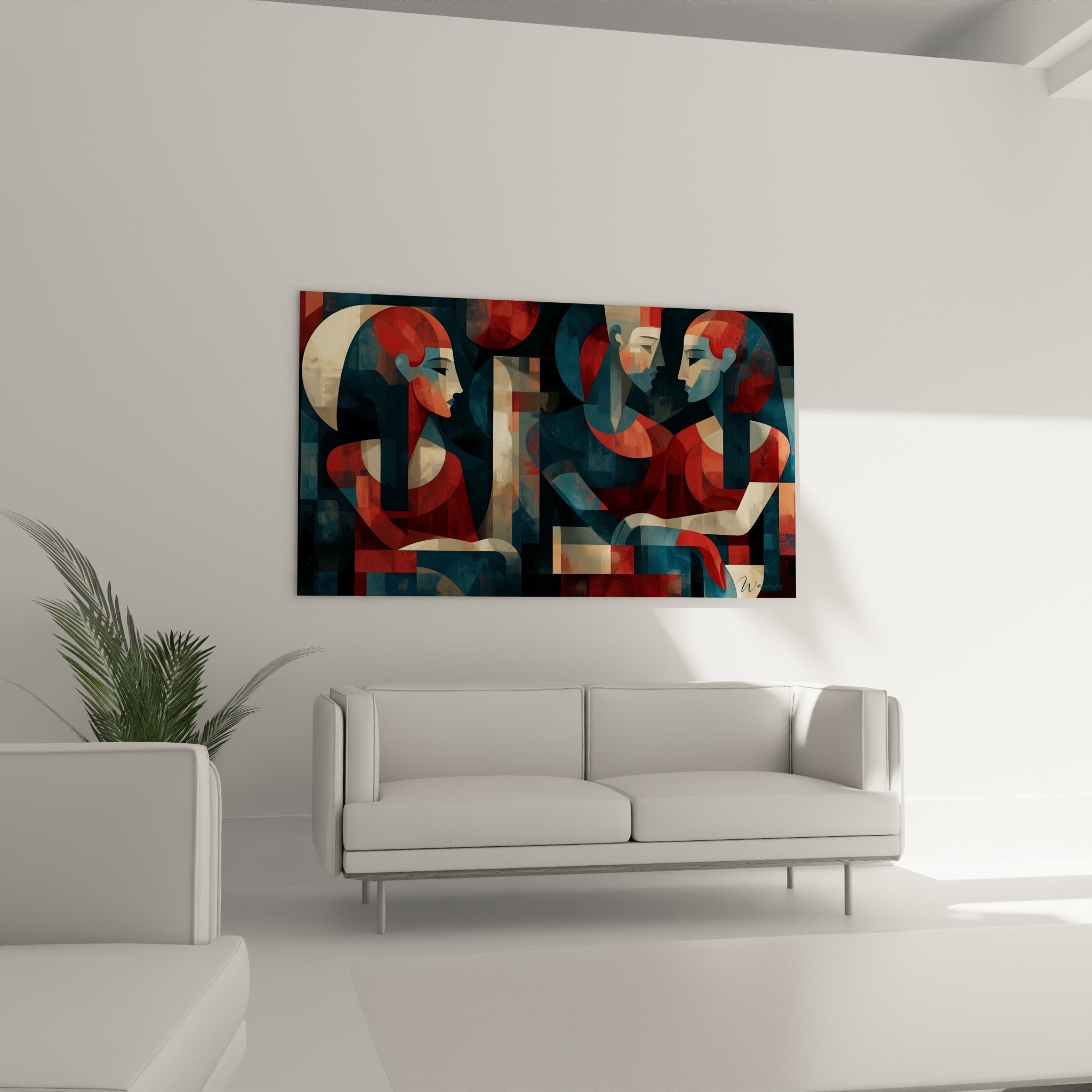 Figures cubistes rouge terracotta et anthracite installées au-dessus d'un canapé dans un salon lumineux
