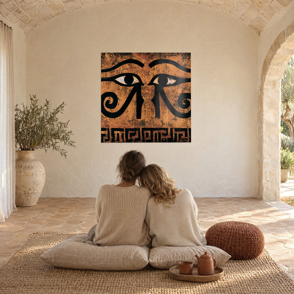Wall art pharaonic symbol with two black-rimmed eyes, textured orange background, rendered wall of a vaulted hall, couple seen from behind on cushions